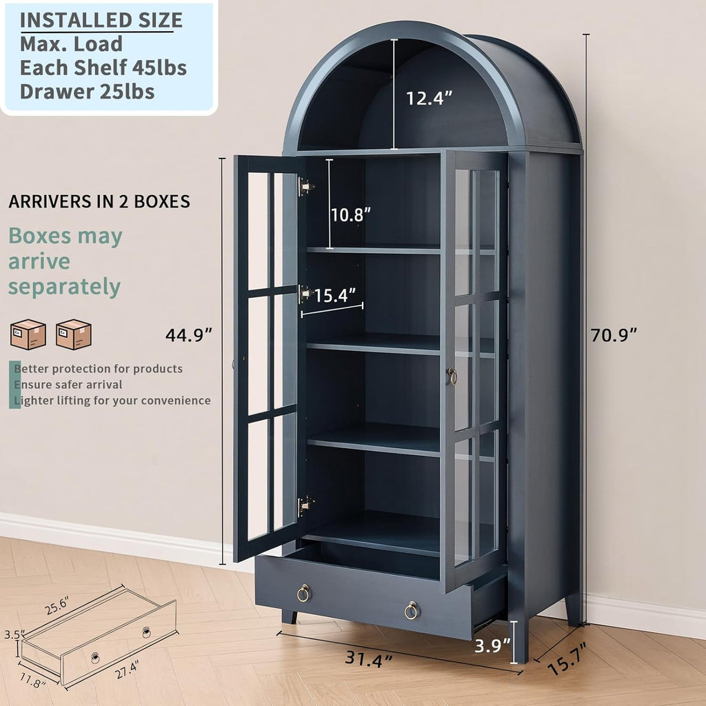 71" Tall Arched Cabinet Bookshelf with Glass Door & Storage Drawer | Modern Farmhouse Display Cabinet,Adjustable