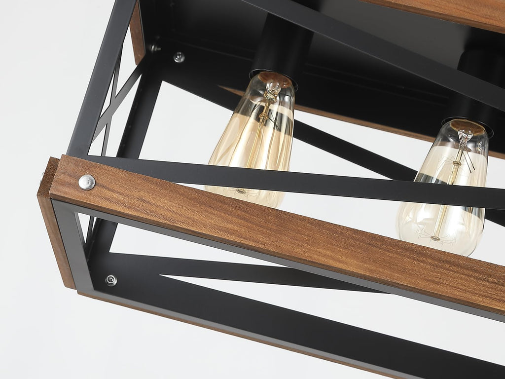 Rustic Farmhouse Wood Kitchen Island Lighting, 6 Lights Rectangular Pendant Light Fixture, Adjustable Chain Oak Wood