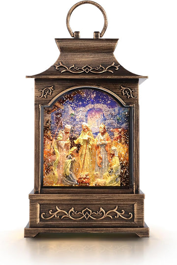 Christmas Nativity Snow Globe Lantern Musical Swirling Glitter Light