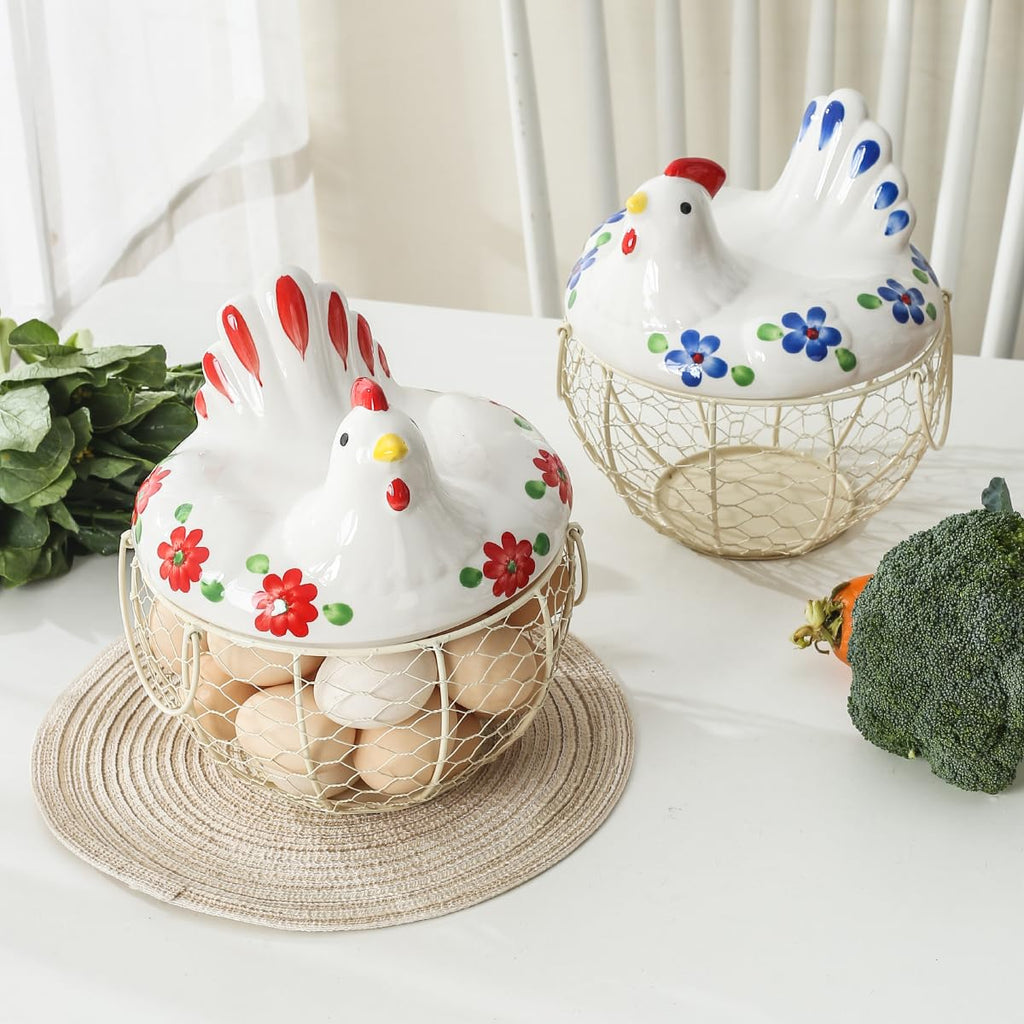 Decorative Egg Basket for Counter, Ceramic Chicken Lid with Wire Basket, Holds 20-25 Eggs