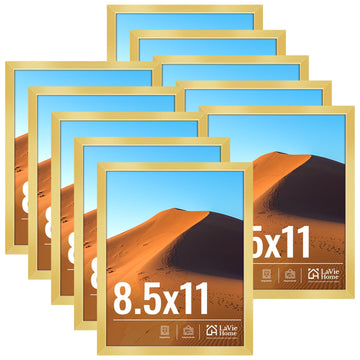 8.5x11 Picture Frame Gold Set of 10, Display 8.5 x 11 Picture, Photo Frame Collage for Wall Gallery or Table Deco