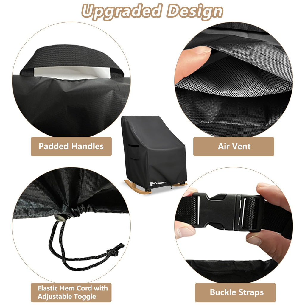 Outdoor Rocking Chair Cover, 600D Heavy Duty Waterproof Patio Chair Cover with 4 Buckle Straps, Air Vents and