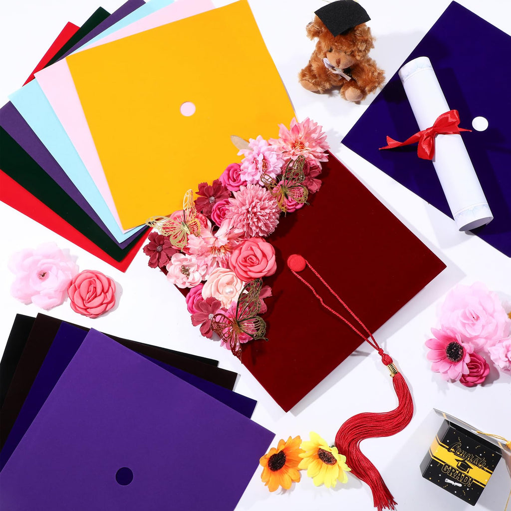 Mixed 12 Sheets Graduation Cap Fabric Topper Decoration, 10 x 10 Inch Velvet Grad Cap Cover Blank Decorative Velvet