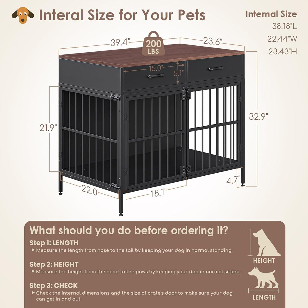 XL Dog Crate Furniture, 39.4" Heavy-Duty Dog Kennel with 2 Storage Drawers