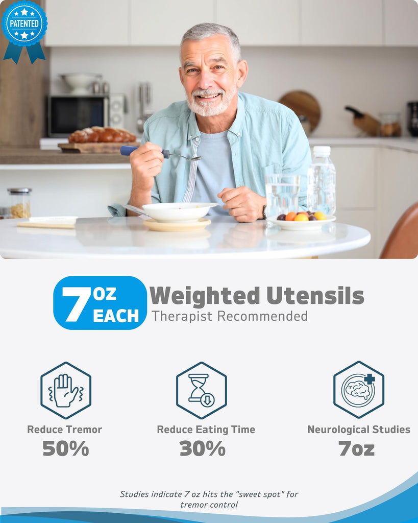 Adaptive Utensils (4-Piece Set) Weighted 7 oz - 42° Angled Utensils for Parkinson's Patients, Hand Tremors, Arthritis