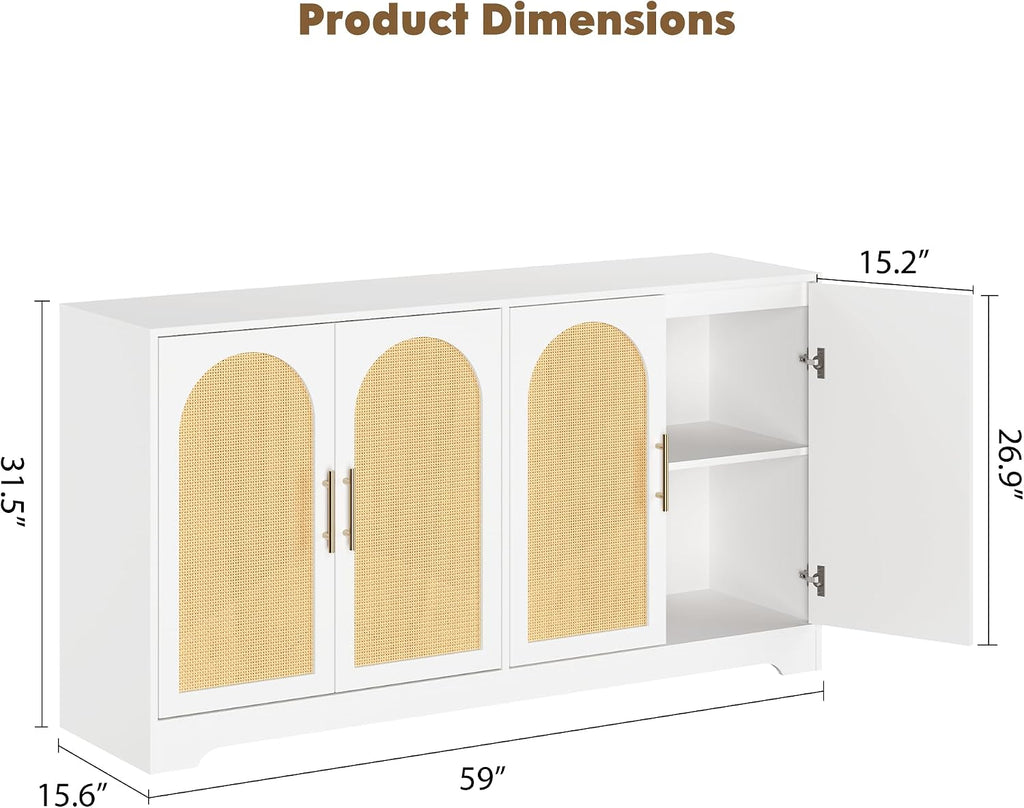 59" Rattan Sideboard Buffet Cabinet - Large Storage Cabinet with 4 Doors, Modern Console Table Accent Coffee Bar