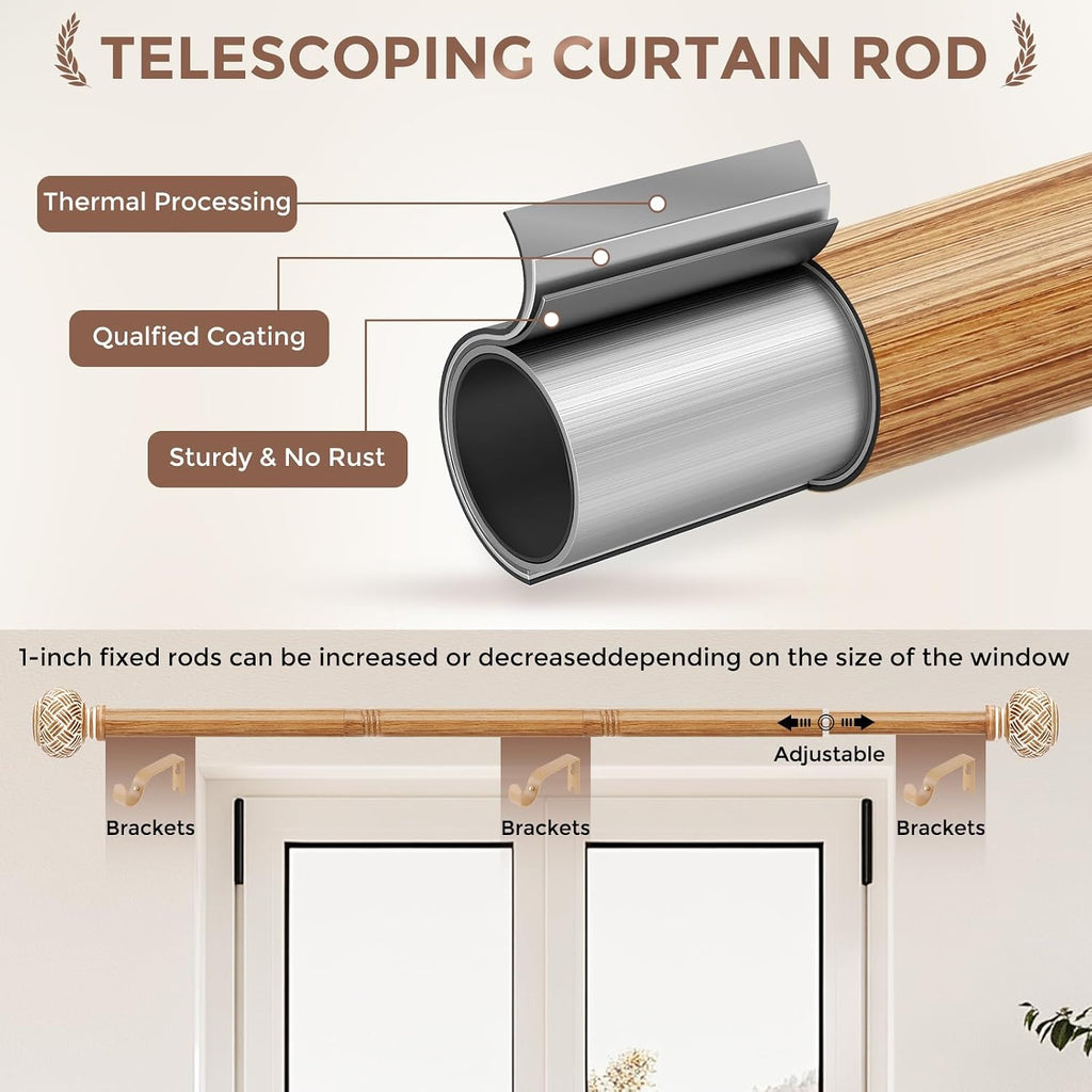 Boho Curtain Rods for Windows, Decorative 1'' Diameter Heavy Duty Adjustable Rustic Farmhouse Drapery
