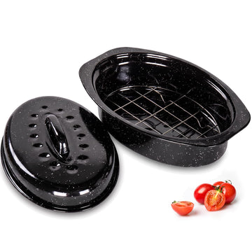 Enamel Roasting Pan with Lid and Rack 13" Oval Roaster, Upgraded Small Roast Pot for Chicken Vegetables Lasagna