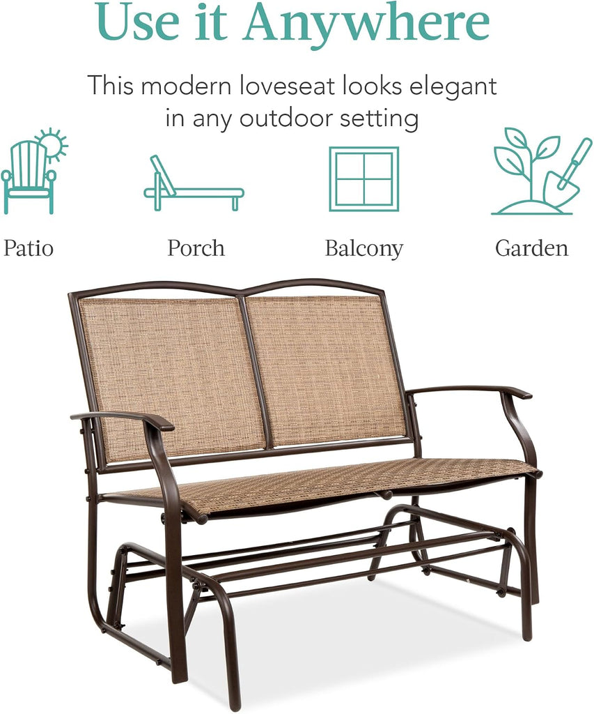 2-Person Outdoor Patio Swing Glider Steel Bench Loveseat Rocker for Deck, Porch w/Textilene Fabric, Steel Frame
