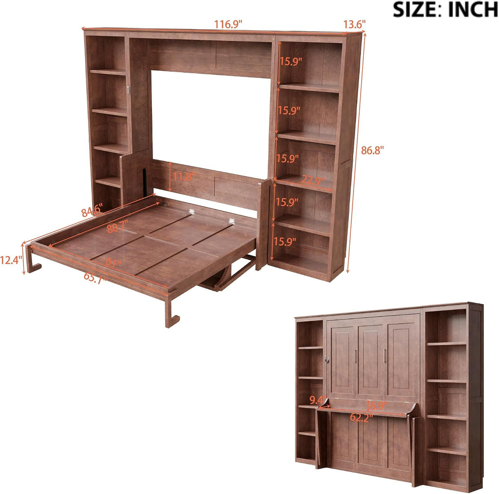 Queen Murphy Bed with Desk, Wood Murphy Bed Frame with Storage Shelves, Hidden Foldable Wall Bed for Home Office