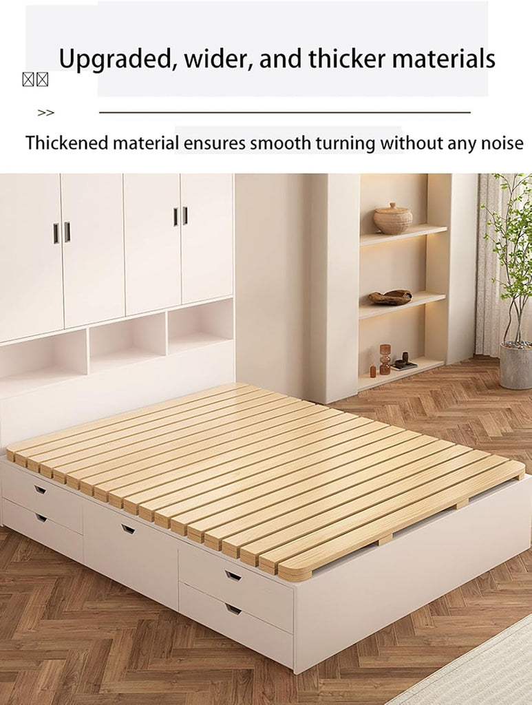 Folding Wooden Bed Frame, Floor Platform Bed with Roll-Up Slatted Base, Natural Solid Wood Tatami Futon Frame