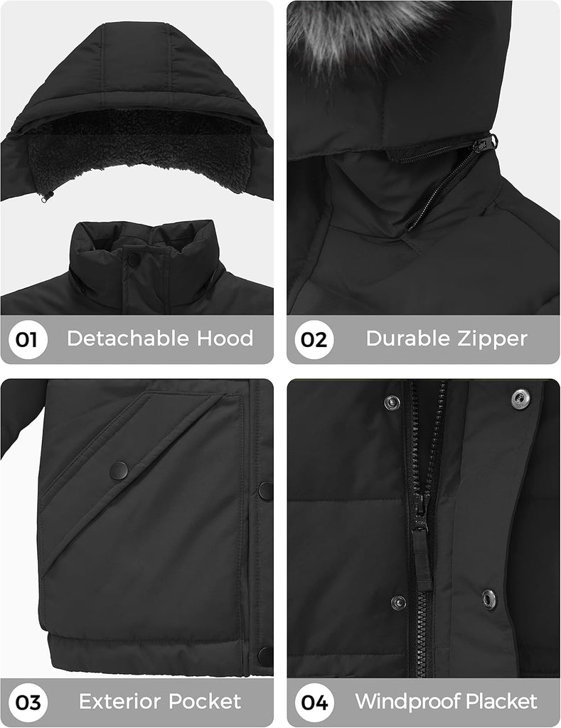 Boys' Winter Coat Waterproof Puffer Jacket with Detachable Hood