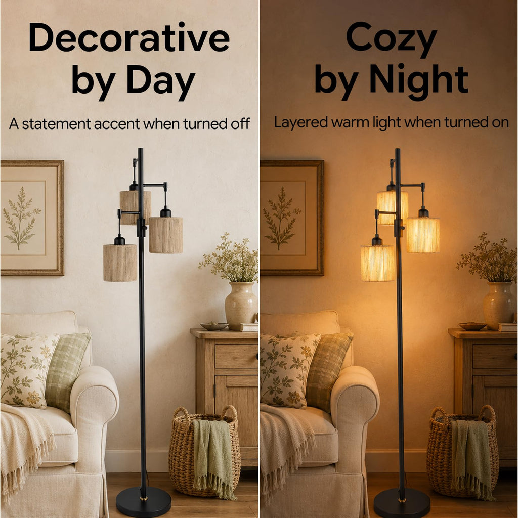 Dimmable Boho Floor Lamp, 3-Light Tree Lamp with Hemp Rope Shades