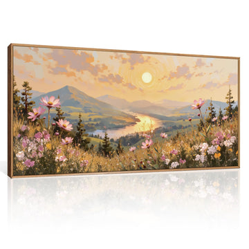 Large Boho Sunset Wildflower Framed Canvas Wall Art, Nature Pink Flower Wall Decor, Blossom Botanical Mountain