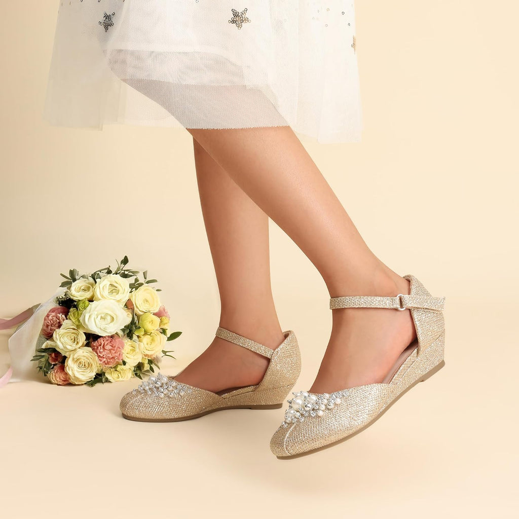 Girls Dress Shoes Toddler Little Big Girls Heels Low Wedge Pumps with Pearls Rhinestone for Flower Girl Princess