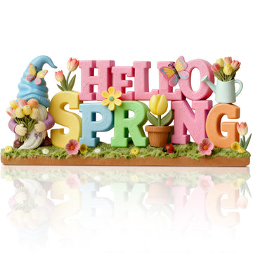 1 Pack Hello Spring Table Decoration Resin Spring Gnome Decorations Pastel Flower Table Sign Festive Floral Statue