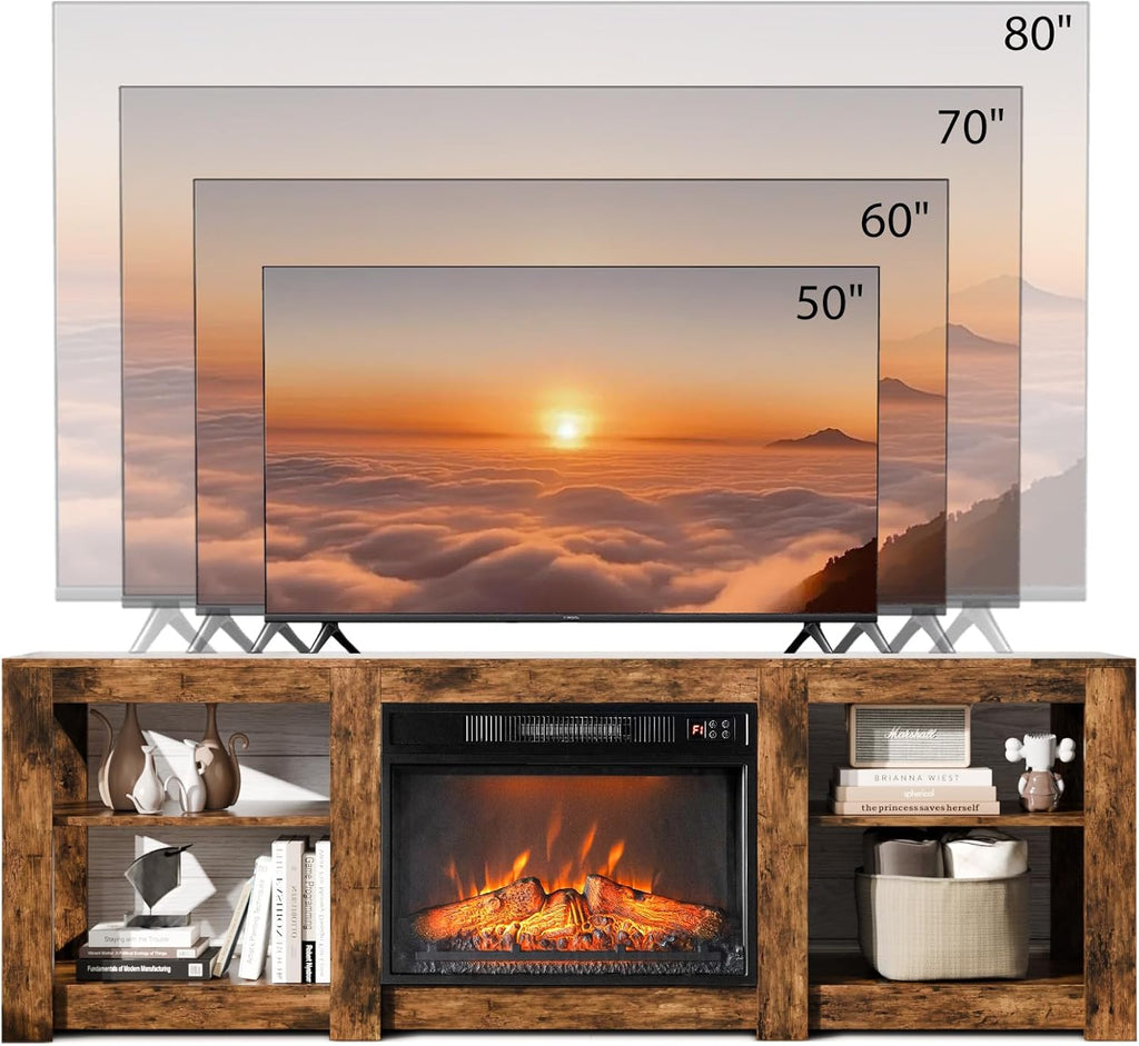 Fireplace TV Stand for up to 80 inch TVs, Farmhouse Entertainment Center with Electric Fireplace Heater & Adjustable Shelves, Fireplace Media Console Table for Living Room, Rustic Brown