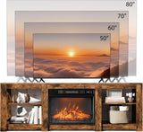 Fireplace TV Stand for up to 80 inch TVs, Farmhouse Entertainment Center with Electric Fireplace Heater & Adjustable Shelves, Fireplace Media Console Table for Living Room, Rustic Brown