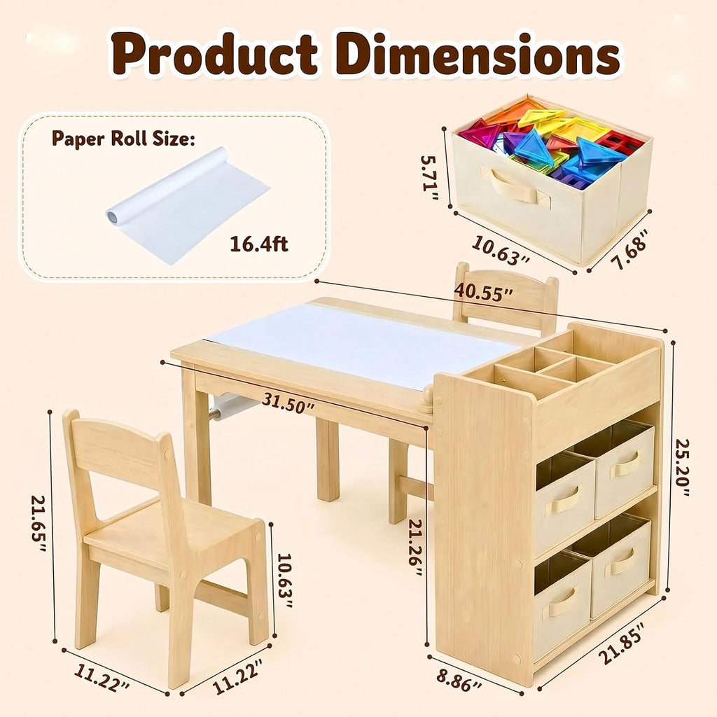 Kids Art Table & 2 Chairs Set, Wooden Activity Craft Desk w/ Paper Roll