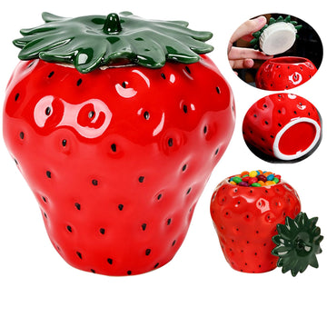 Strawberry Candy Jar with Lid - Ceramic Cookie Jar Counter, Cute Sugar Canister, Baking Soda Holder for Fridge