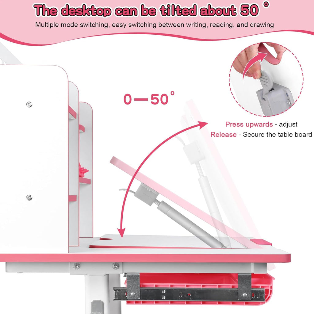 Upgraded Kids Study Desk and Chair Set, 50 Degree Tiltable&Height Adjustable Kids Desk with Storage Drawers