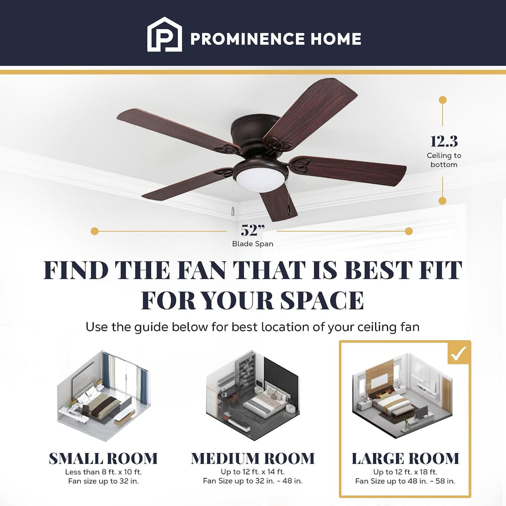 Benton Traditional 52 Inch Ceiling Fan with Light, LED Flush Mount Ceiling Fan, Indoor Fan with 5 Blades