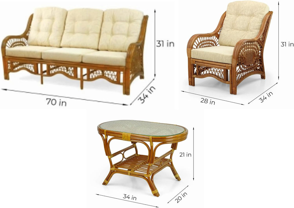 Malibu Lounge Set of 4: 2 Natural Rattan Wicker Chairs, Three-Seater Sofa with Cushions, and Coffee Table with Glass