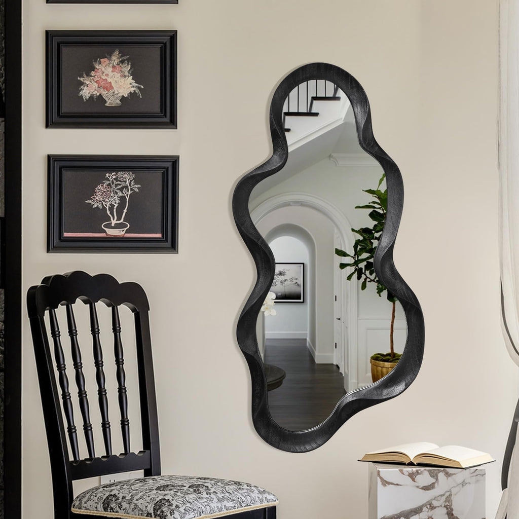 Black Asymmetrical Mirror, Wall Irregular Wood Frame Wavy Wall Mirror