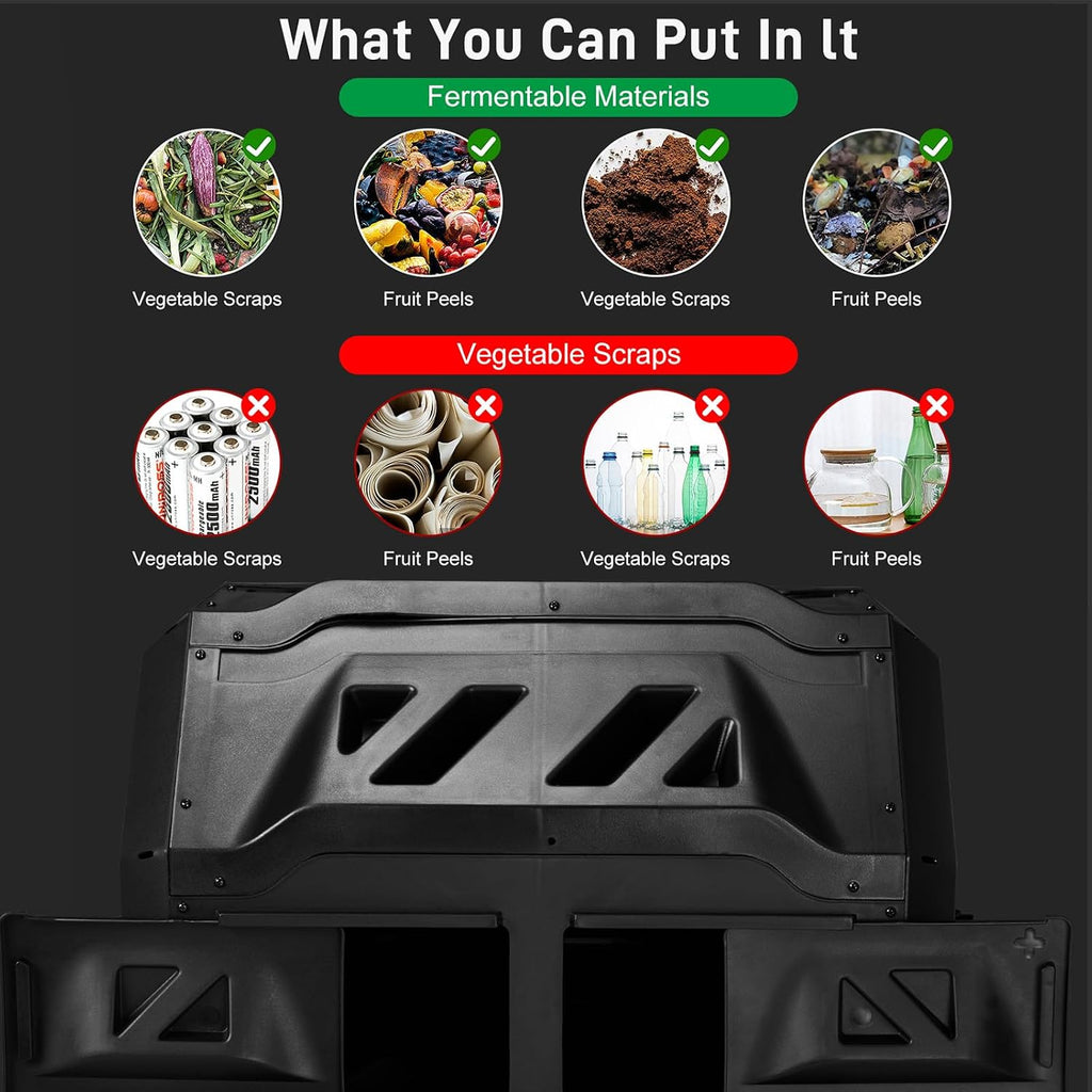 Outdoor Dual Chamber Compost Tumbler, 43 Gallon Black Rotating Batch Compost Bin with Sliding Doors for Garden