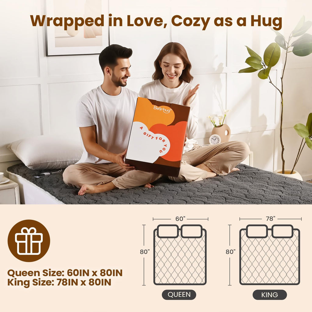 Multi-Zone Electric Heated Mattress Pad Queen Size, Dual Control Bed Warmer with Memory & 11 Heat Level, Auto
