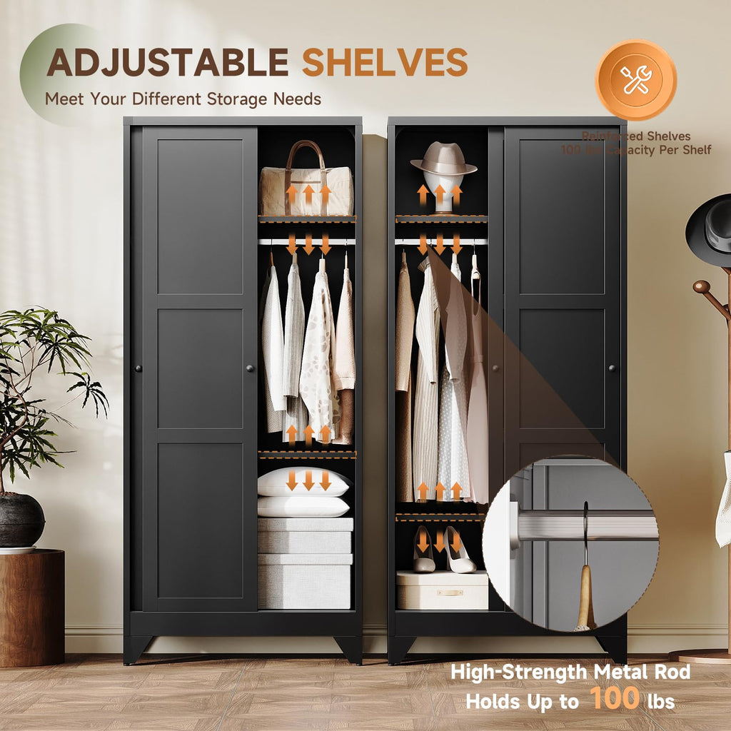Metal Armoire Wardrobe Closet, 20" Deep Armoire Wardrobe Cabinets with Sliding Doors and Shelves, Narrow Slim Coat