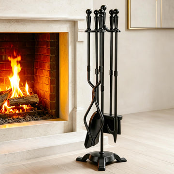 5 Pieces Fireplace Tool Set with Stand, Wrought Iron, 29.5" Black
