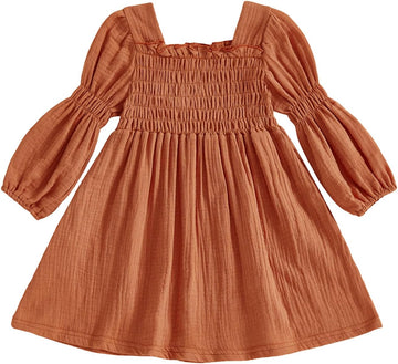 Toddler Girl Smocked Dress Lantern Long Sleeve Solid Color Casual A Line Little Girl Dresses Fall Winter Clothes