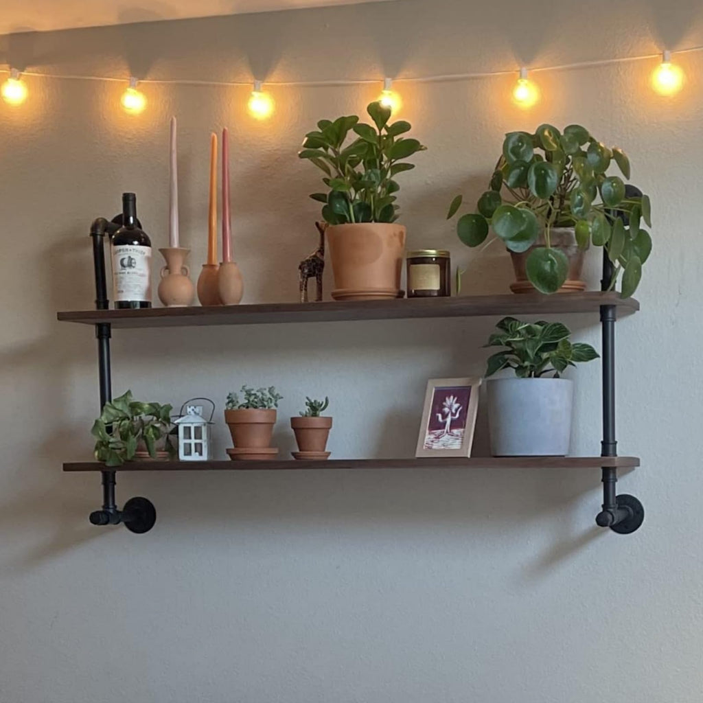 Industrial Pipe Shelving 48inch Wall Mounted, Rustic Floating Shelves with Wood Shelf, 2 Tier Farmhouse Bathroom