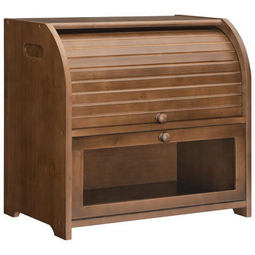 Bamboo Countertop, 2 Tier Roll-Top Bread Bin, Food Storage Box, Large Capacity Keeper, Wooden Storage Cabinet, Brown