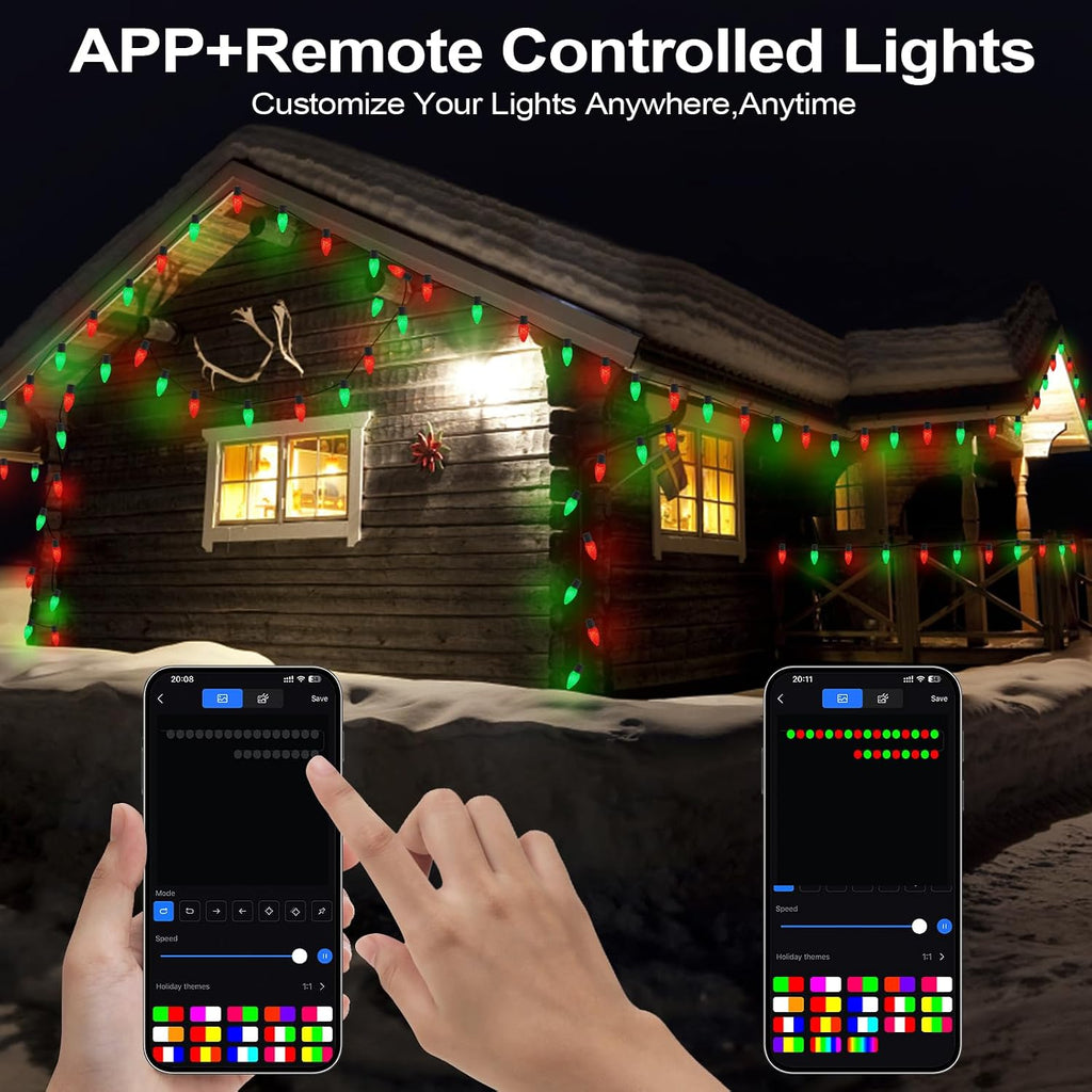 Smart C9 Christmas Outdoor Lights, 197FT 200 LEDs, APP Remote Controlled RGB String Lights, DIY Chasing Xmas Lights