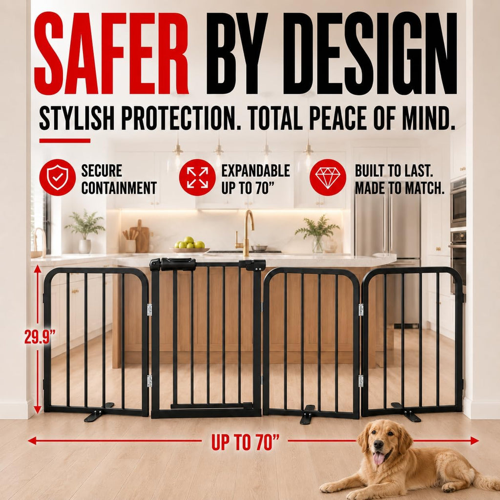 Freestanding Foldable Dog Gate with Door, 30" Tall, Up to 70" Wide