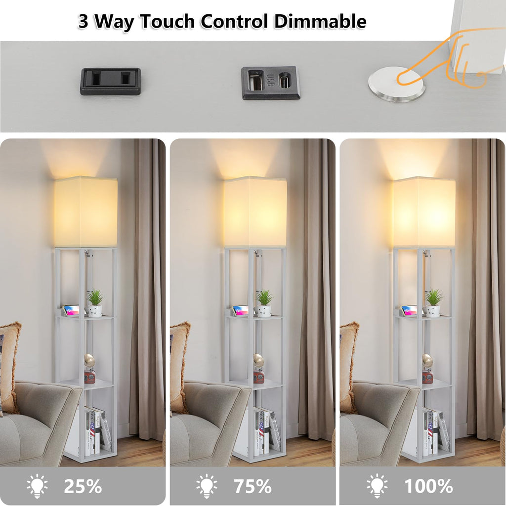 LED Shelf Floor Lamp, Modern Touch Control Dimmable Standing Lamp with 2 USB Ports and 1 Power Outlet, Corner Tall