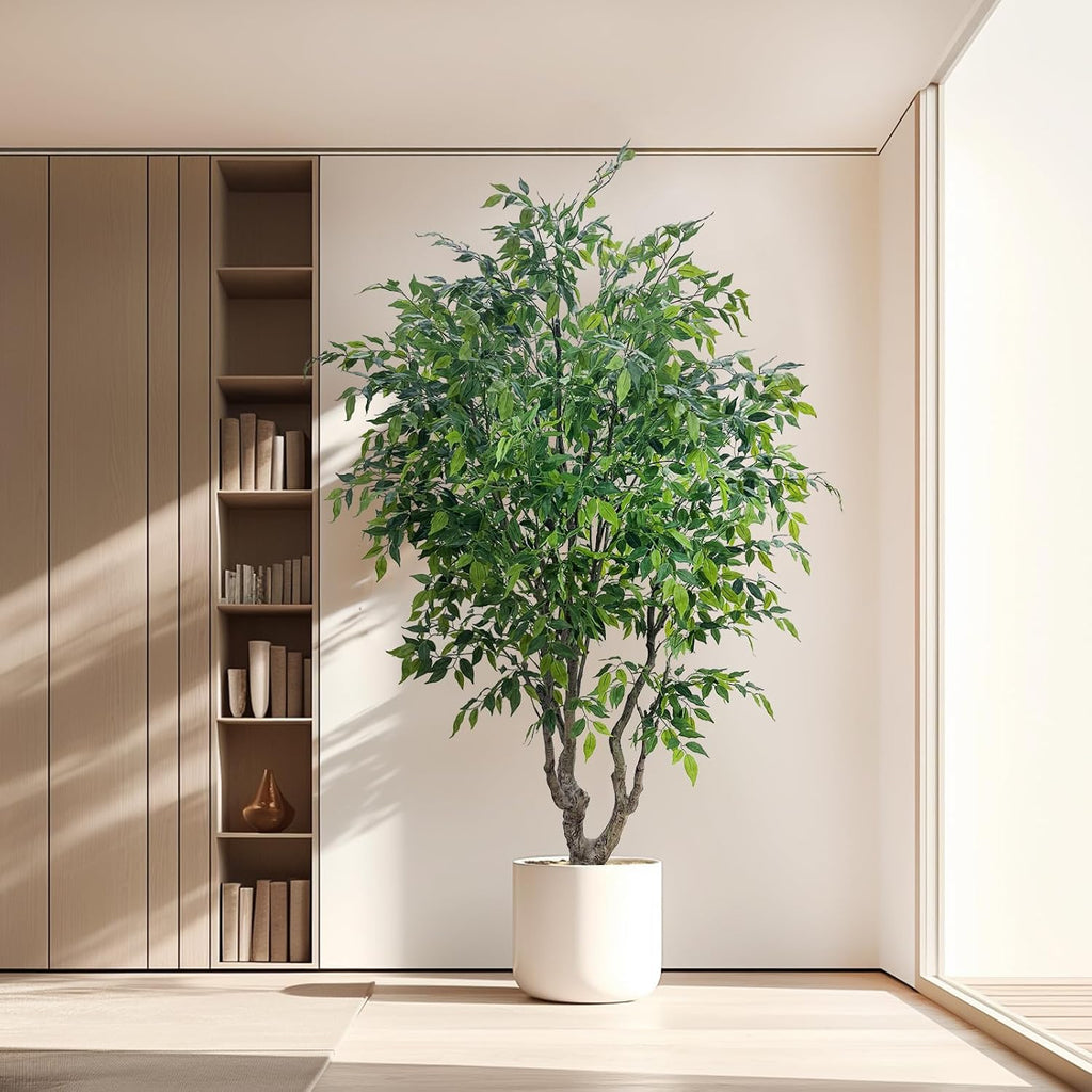 8FT Artificial Ficus Tree - Lifelike Faux Indoor Tree with Natural Trunk, Large Fake Plant & Commercial Interior Decor