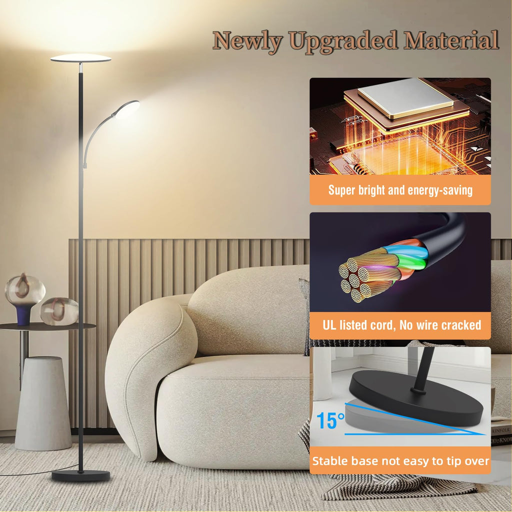 Floor Lamp, Upgraded 42W 4500LM Super Bright LED Floor Lamp with Rotatable Reading Light, Touch Remote Control &
