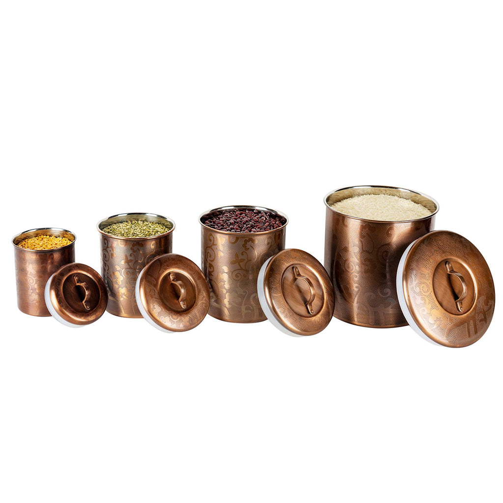 Etched Antique Copper Stainless Steel 4pc Canister Set, Beautiful Food Storage Container Counter, Tea, Sugar, Coffee