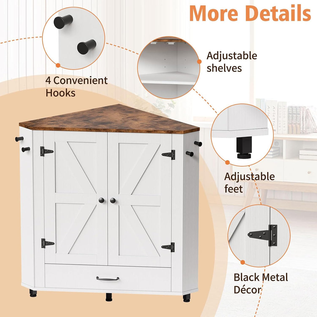 Corner Dog Food Storage Cabinet, Dog Feeding Station with 2 Hidden Bowls, Adjustable Panel, 4 Hooks, Pet Feeding