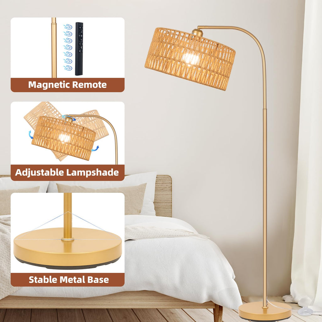 Gold Floor Lamps, Boho Floor Lamp for Room, Farmhouse Rattan Standing Lamps