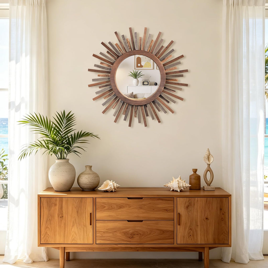 18 Inch Boho Sunburst Mirror, Decorative Rustic Farmhouse Wall Decor - Tricolor Wood Frame