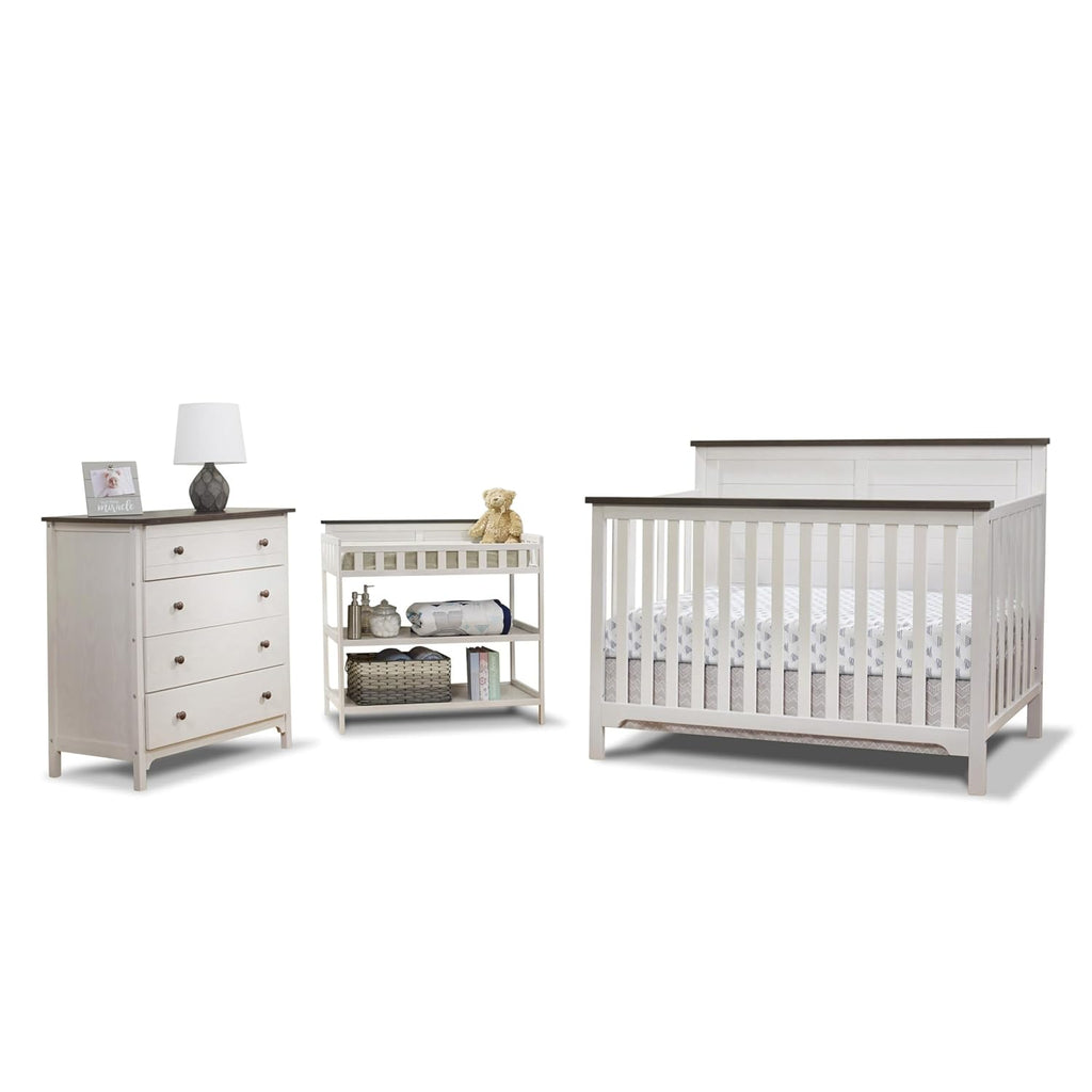 Farmhouse 3-Piece Nursery Set with 4-in-1 Convertible Crib, 4-Drawer Dresser, and Changing Table with Shelves, Baby