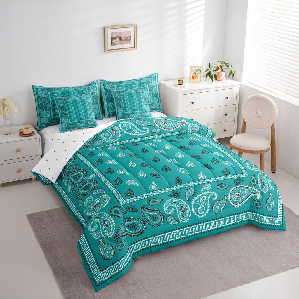 Turquoise Bandana 7pcs Comforter Set Full Size, Boho Paisley Bandanas Bedding Set for All Season, Bohemian Chic Floral