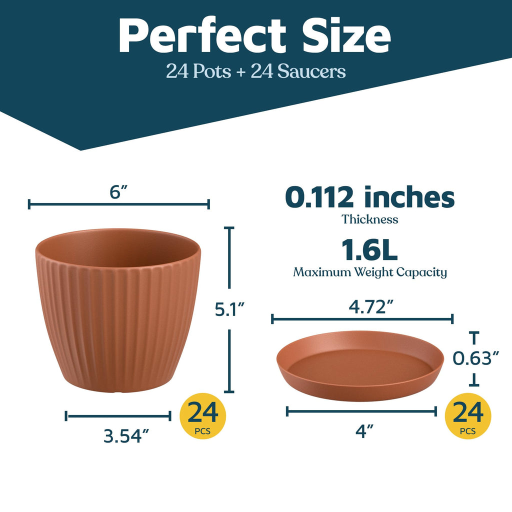 Terracotta 6-Inch Plant Pots with Drainage & Saucers 24 Pack, Indoor & Outdoor Planters plants, Herbs, and Flowers