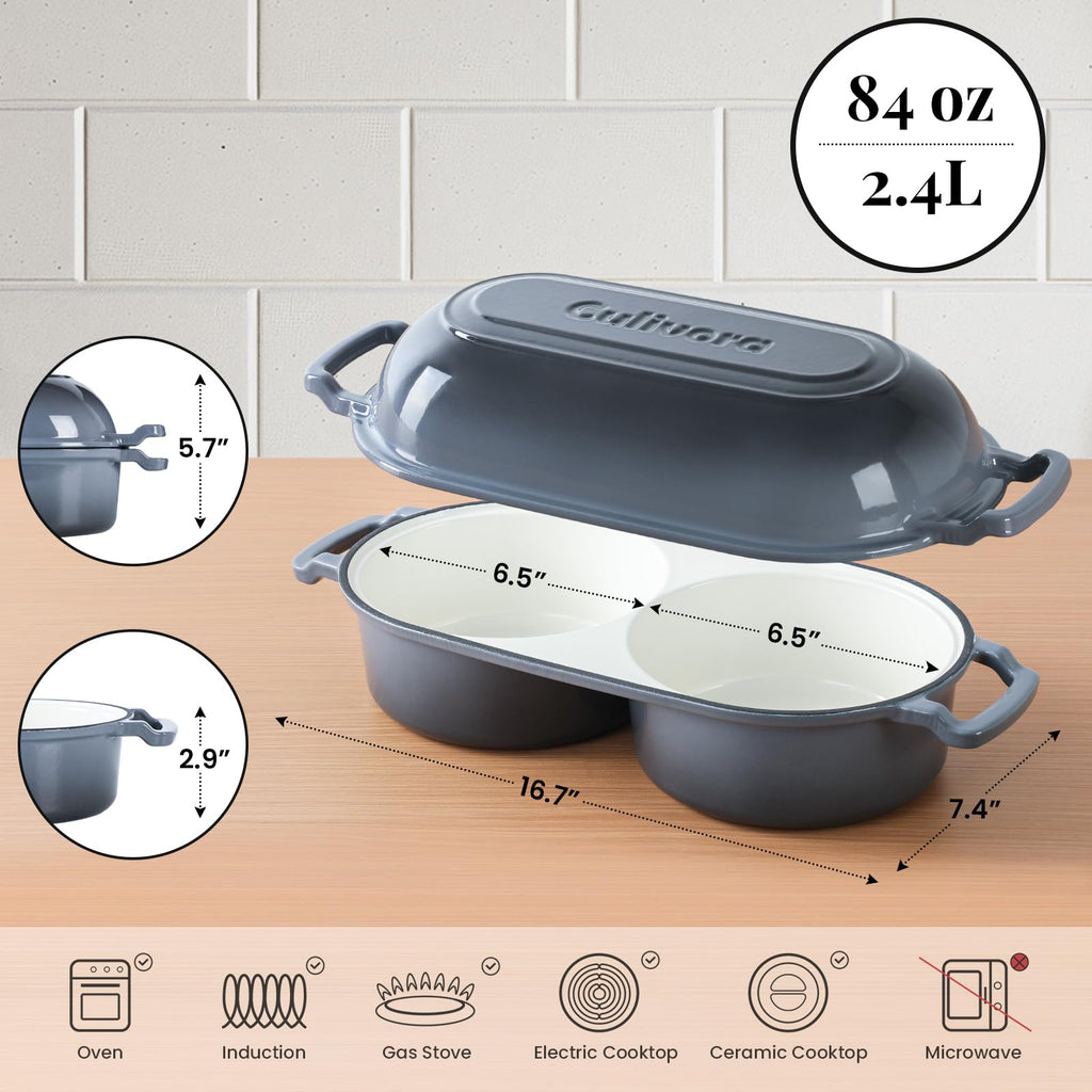 Cast Iron Double Dutch Oven, Mini Enamel Sourdough Bread Pan with Lid, Grey