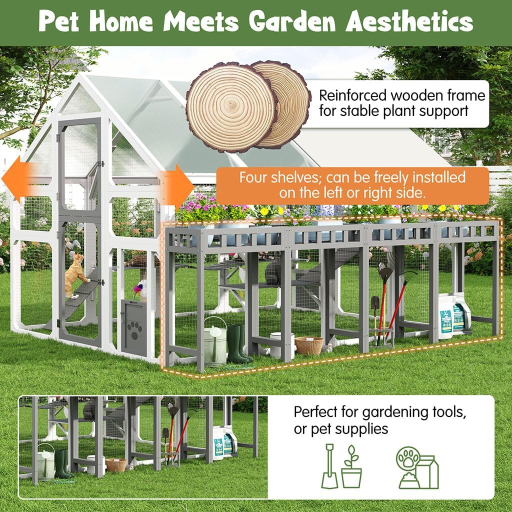 94.5" Extra Large Outdoor Cat Enclosure Catio, Wooden Cat House with 8 Platforms, 2 Cat Houses, Bridge & Scratching