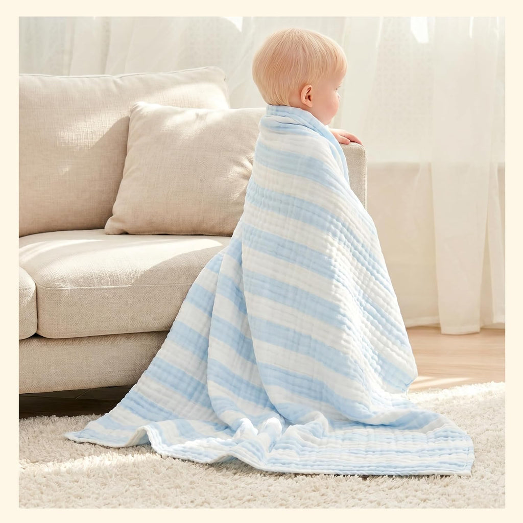 Organic Muslin Baby Bath Towel Blanket Pc Gift Set - Blue Stripe
